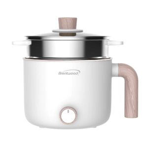 Brentwood HPS-3172W 1.5-Liter Multi-Function Electric Hot Pot Cooker with Ceramic Non-Stick Ceramic Coating and Stainless-Steel Food Steamer, White