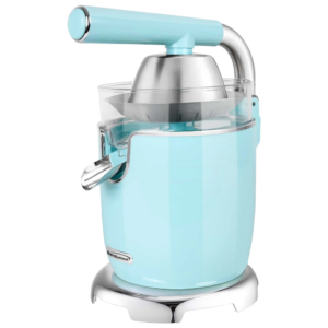 Brentwood J-28BL Powerful 200W Electric Citrus Juicer Orange, Lemon, Lime, and Grapefruit Squeezer, Stainless Steel Lever, 2 Cones, Dishwasher Safe Parts, Blue