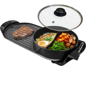 Brentwood SK-71BK 2-Quart 2-Sided Electric Hot Pot and 18” x 9” Korean BBQ Grill with Ceramic Non-Stick Surface, Adjustable Temperature, Removeable Drip Tray, and Vented Tempered Glass Lid, Black
